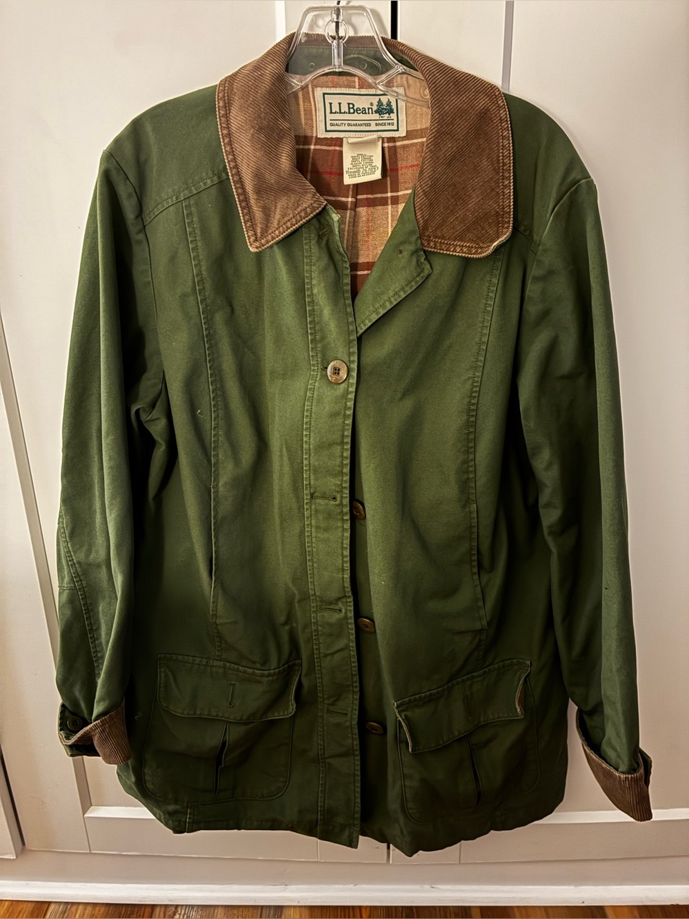 L.L. Bean Olive Green Utility Jacket with Brown Corduroy Collar